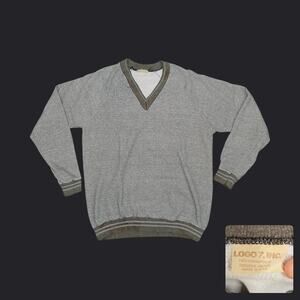 Logo 7 | Vintage 80s Blank V-Neck Raglan Sweatshirt Gray Striped Large